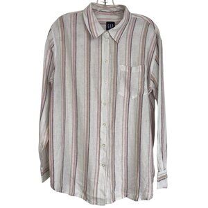 GAP Shirt Blouse Womens Size Medium Linen Striped Button Down Striped White Pink